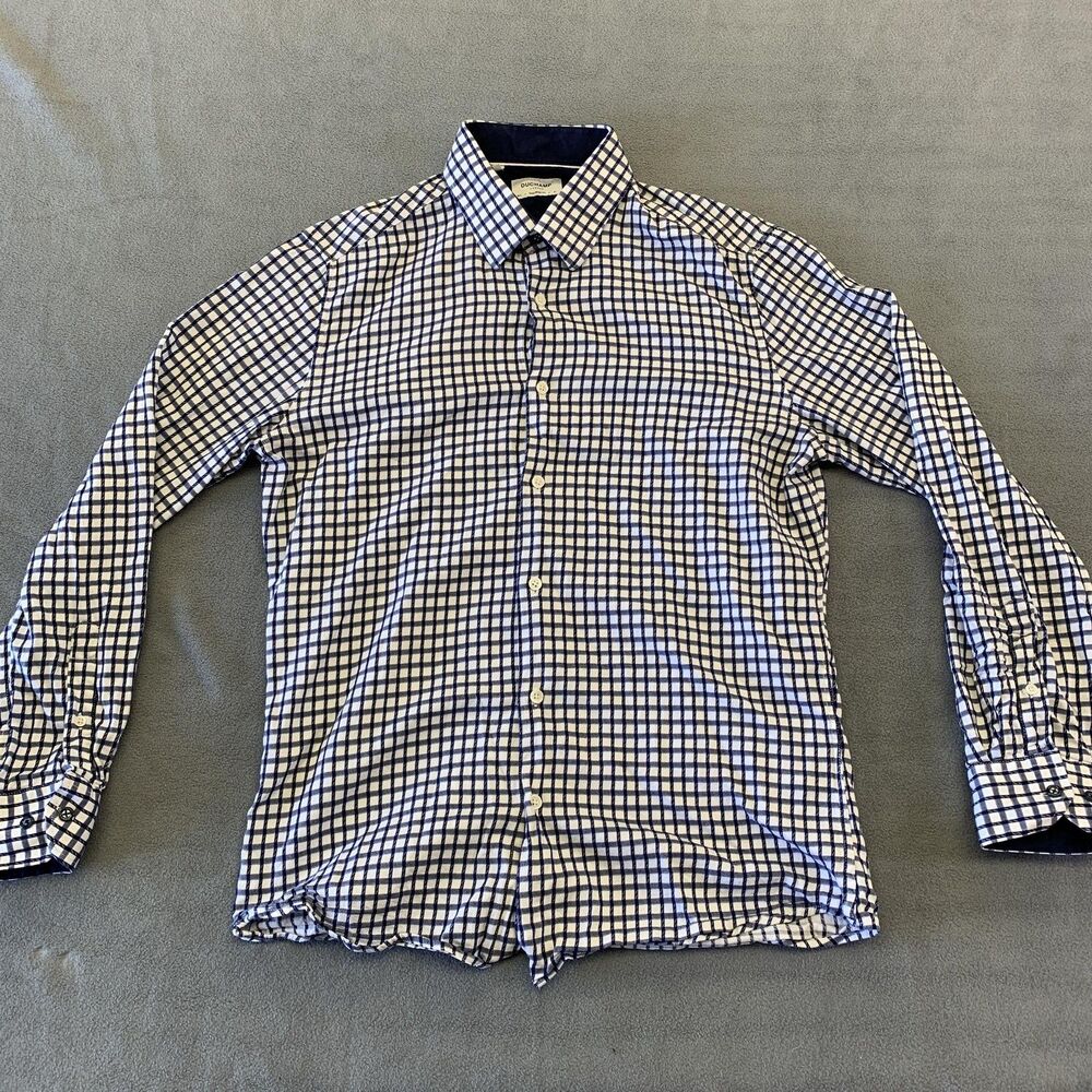 Duchamp London Dress Shirt Mens 16 Blue Check Tailored Fit Stretch Long Sleeve